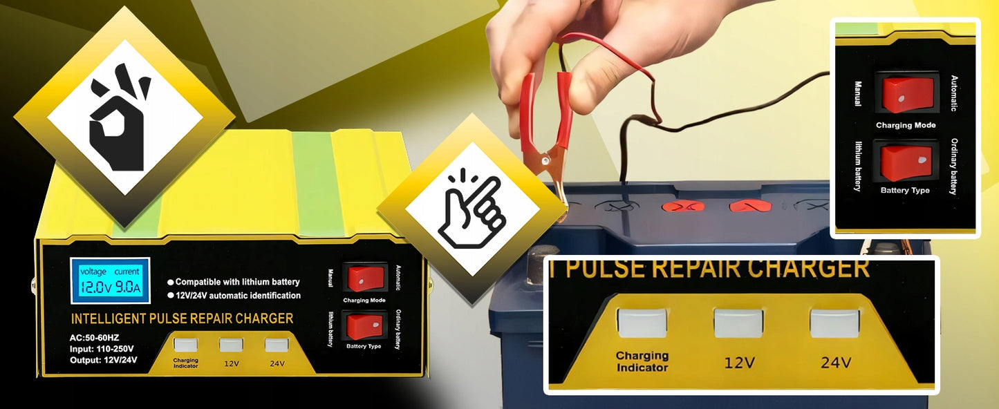 Automobilinis akumuliatorių įkroviklis su remonto funkcija 12V 24V