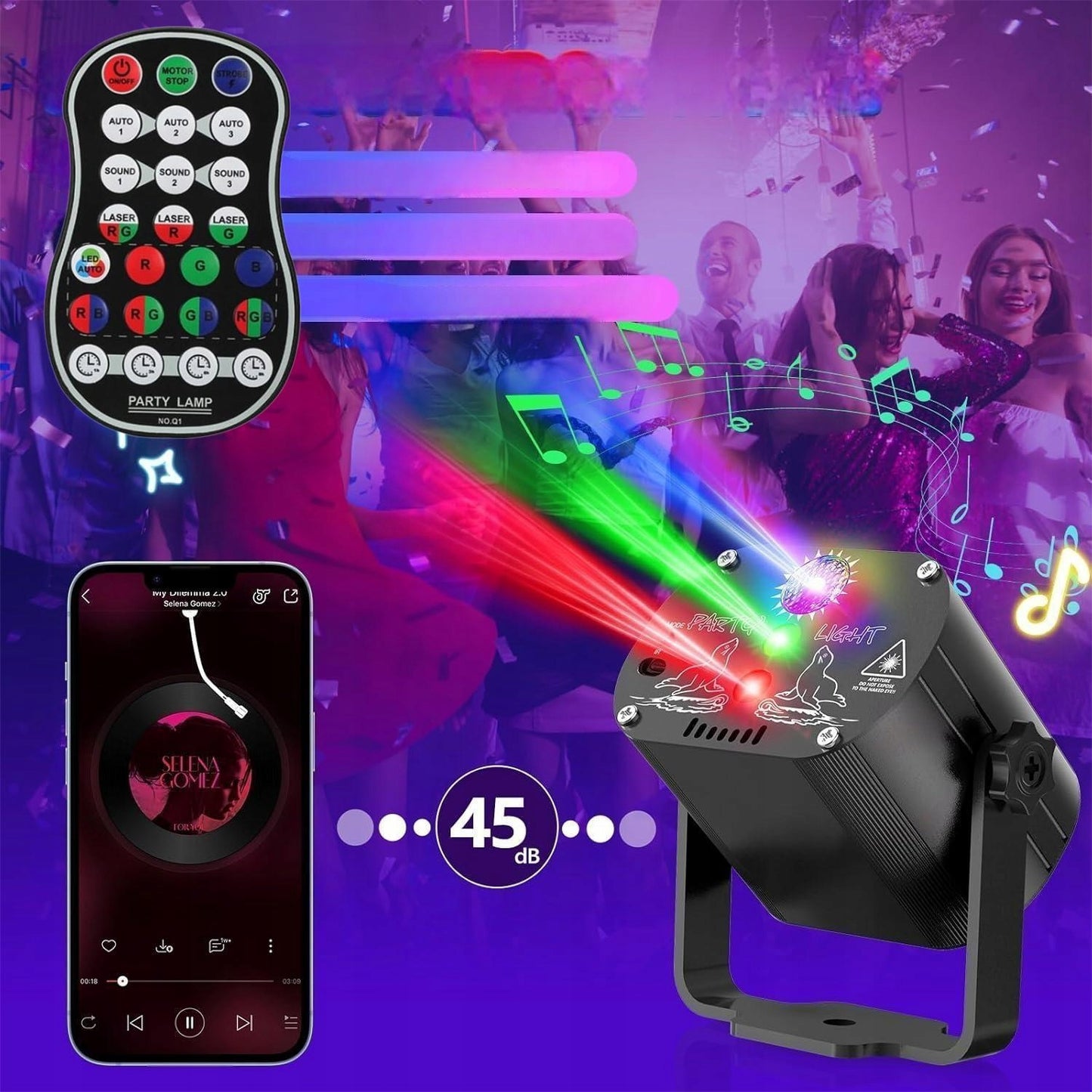 Spalvotas lazerinis diskotekos rutulys su nuotolinio valdymo pulteliu ir 2 baterijomis