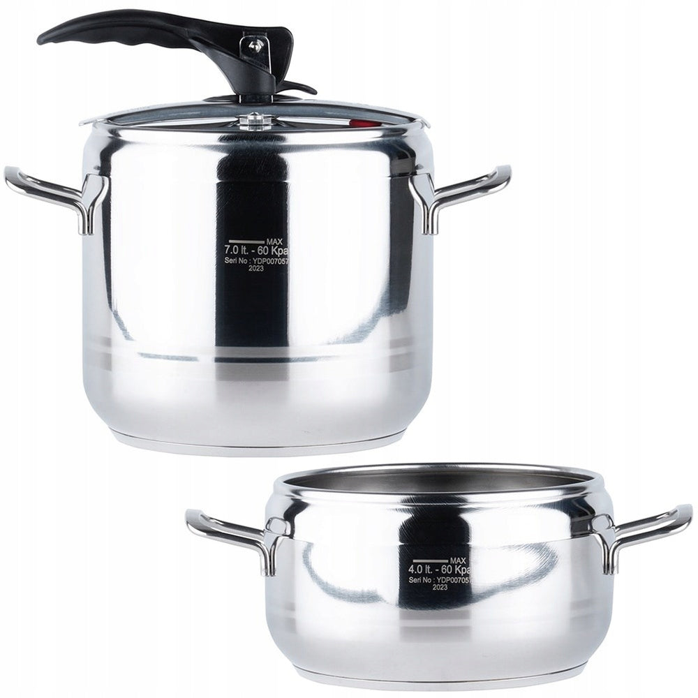2x Greitpuodis ORION PROFI plieninis slėginis puodas greitam virimui 4+7L