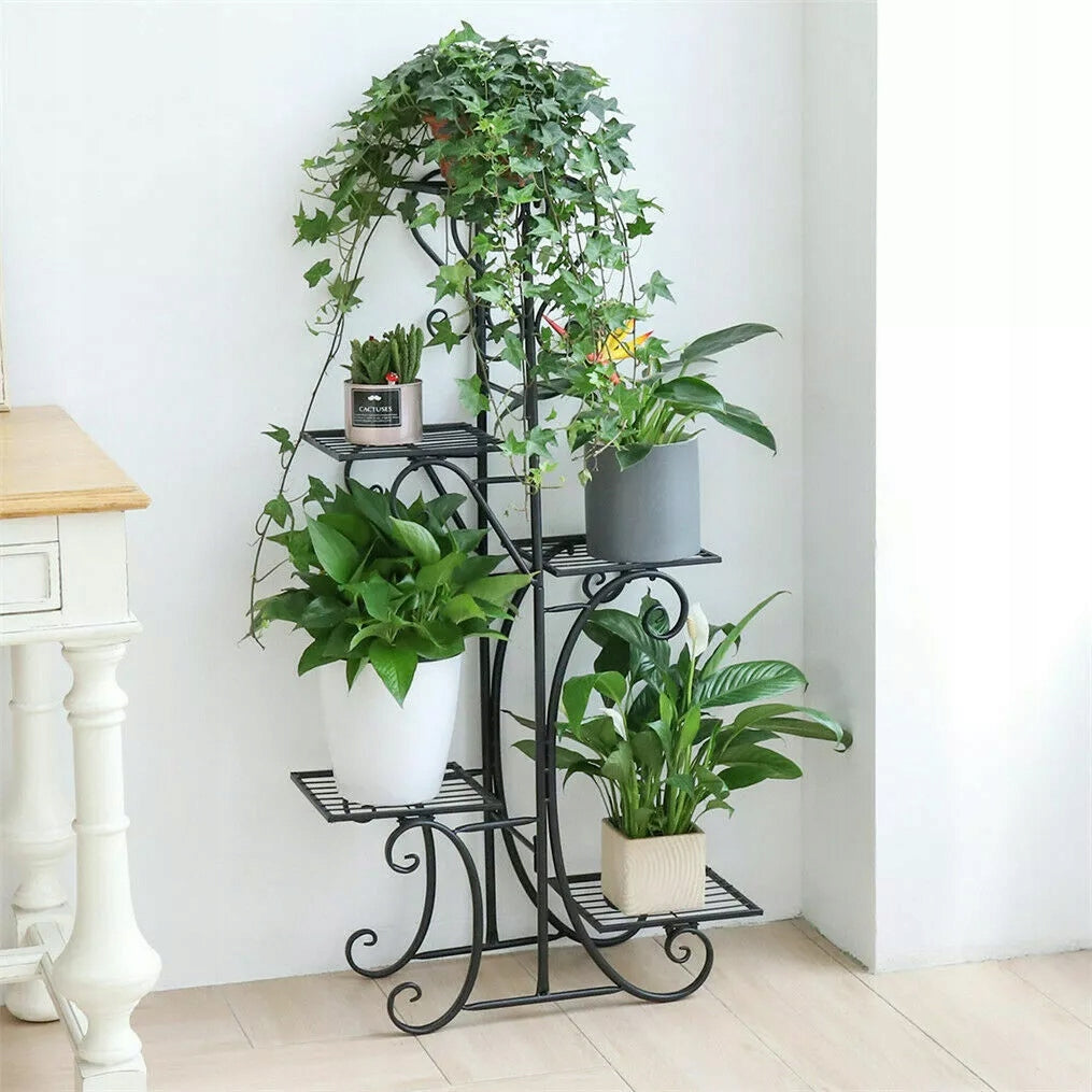 Juodas metalinis gėlių stovas su 4 lentynomis, vazonams ir augalams, lofto stiliaus