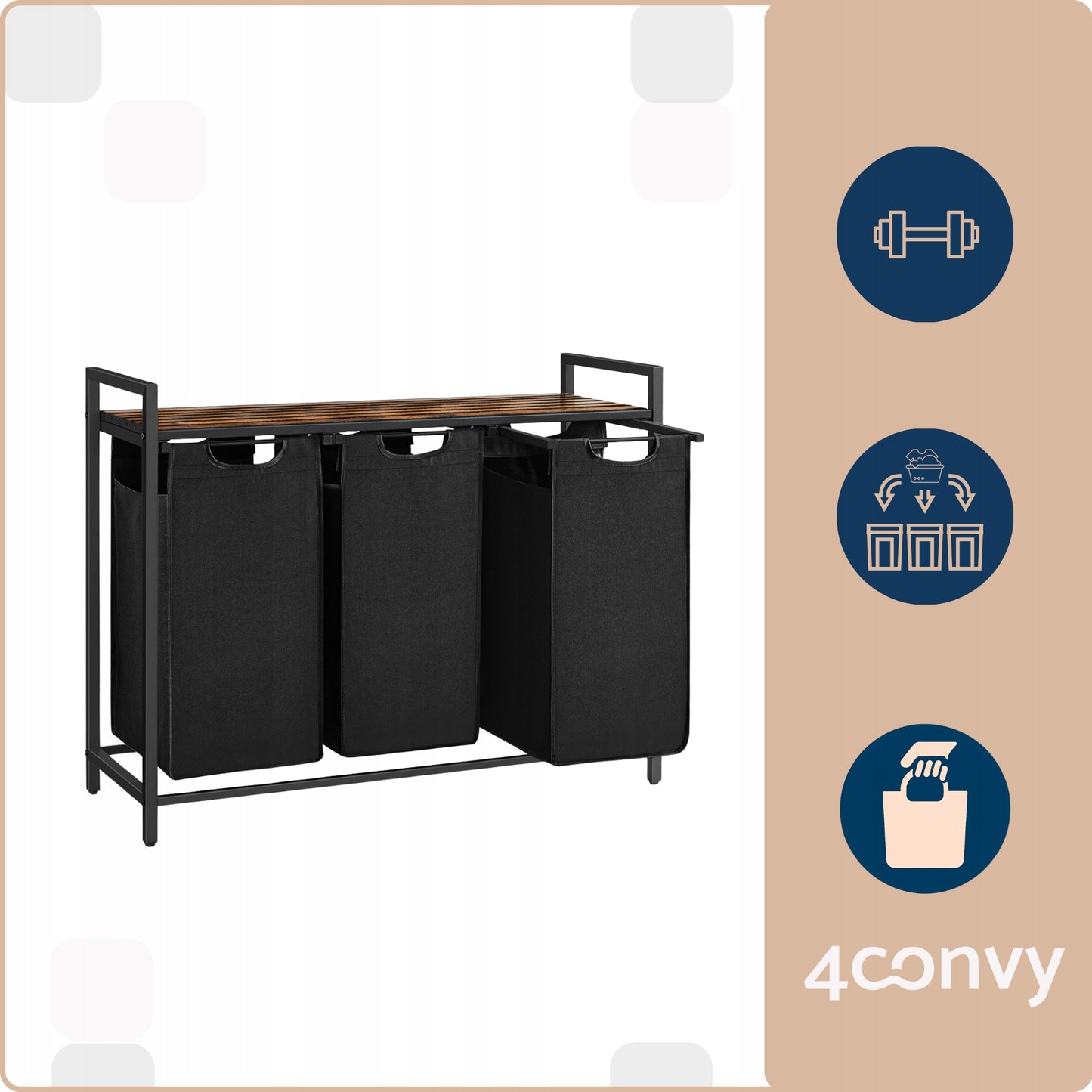 Didelis 3 skyrių pastatomas skalbinių krepšys 3x38L 4CONVY