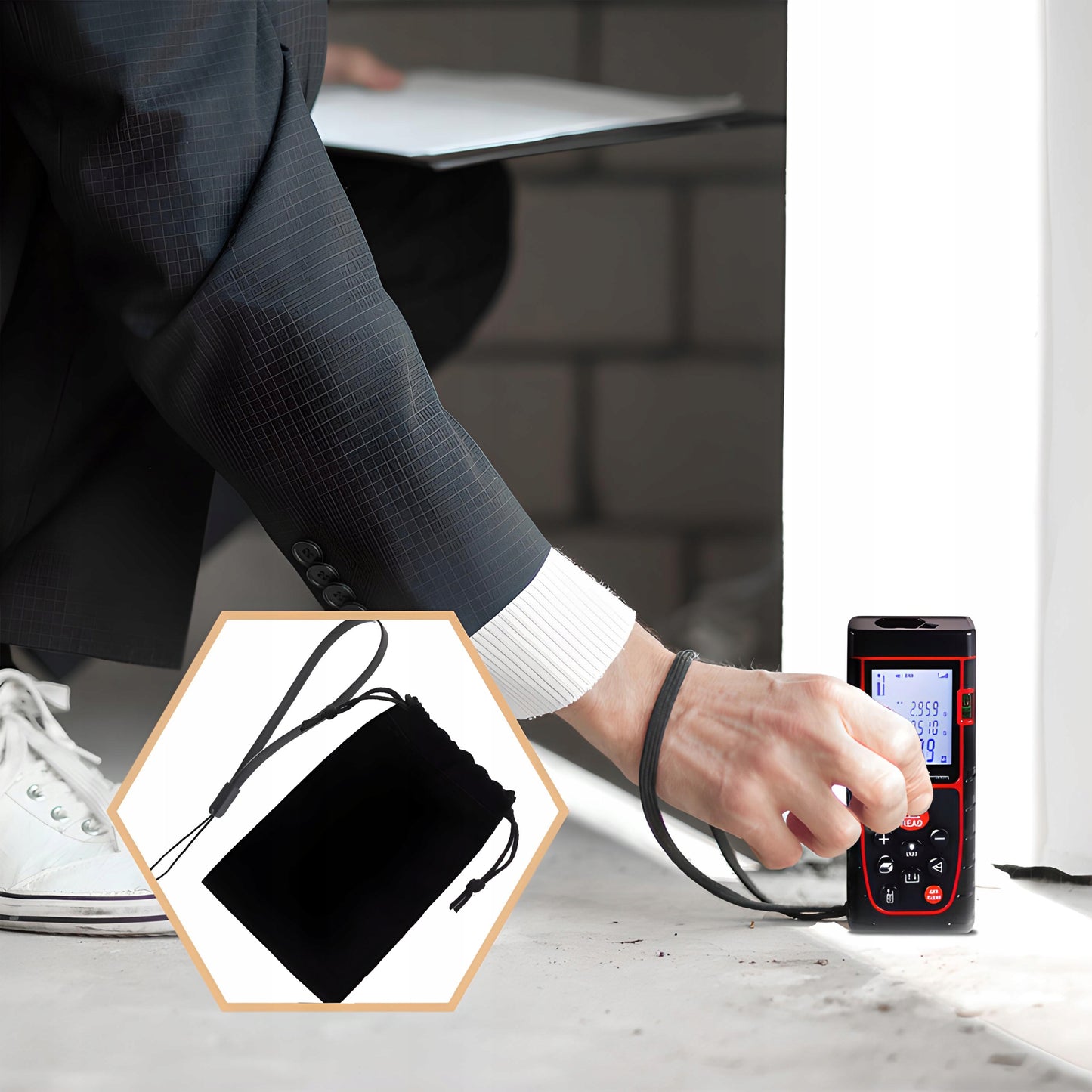 Lazerinis atstumo matuoklis skaitmeninis kampainis (inclinometras) matuoklis, gulsčiukas, atmintis 40m