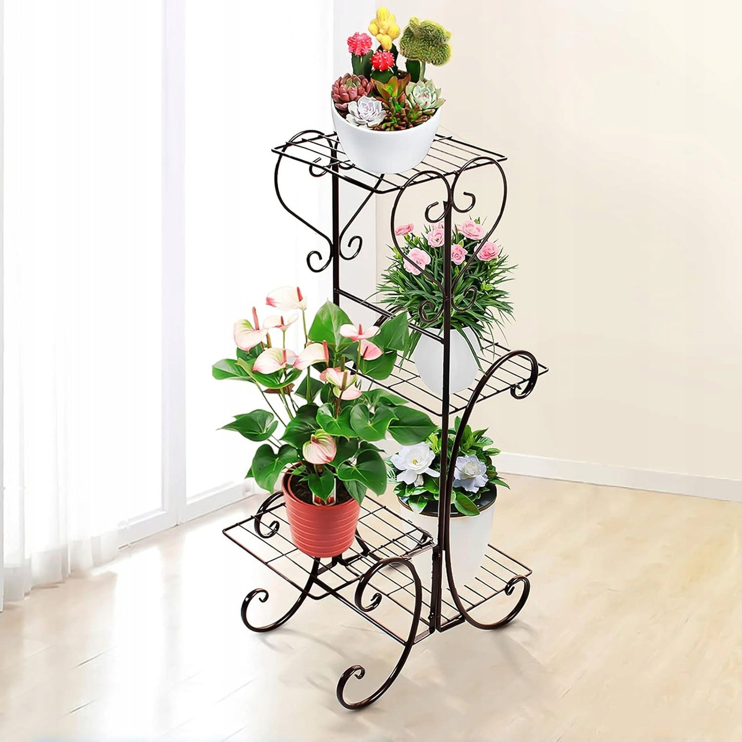 Juodas metalinis gėlių stovas su 4 lentynomis, vazonams ir augalams, lofto stiliaus