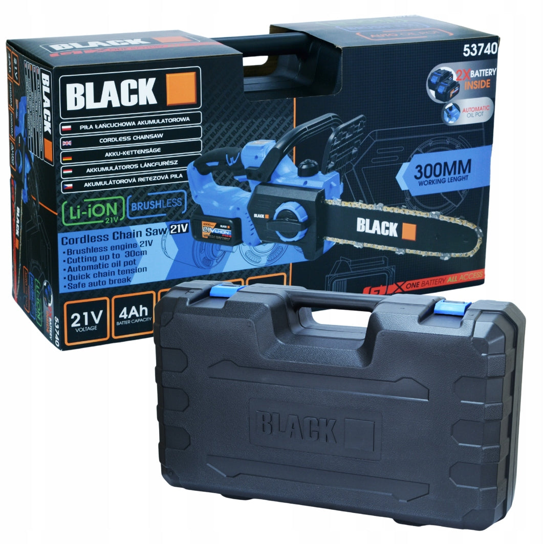 Akumuliatorinis grandininis pjūklas medienai 2 x 21V 4 Ah 30cm 12" BLACK