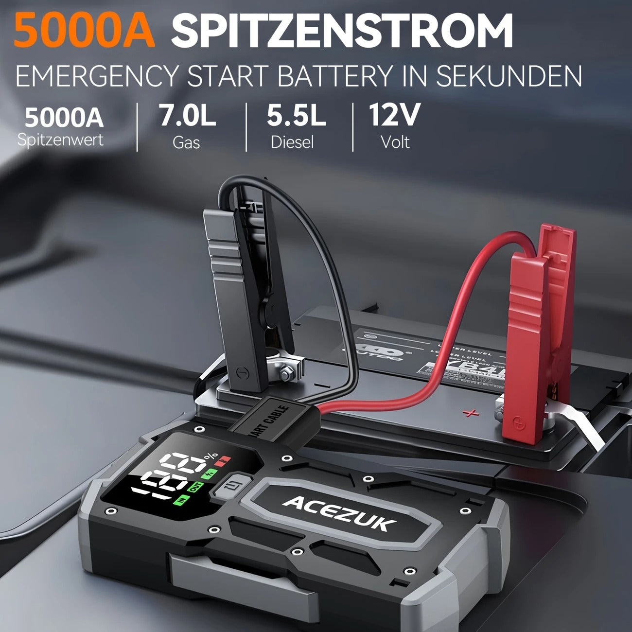 Automobilio Užvedėjas – Galingas Šuolių Starteris 5000A 12V Akumuliatoriaus Pakrovėjas iki 7.0L Benzino arba 5.5L Dyzelio Su LED Žibintuvėliu ir LCD Ekranu