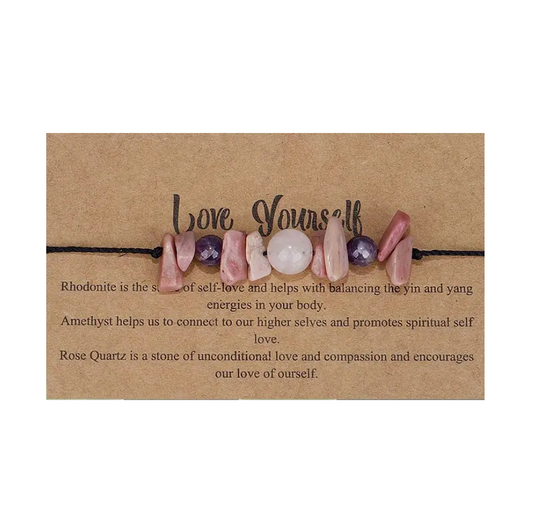 Gydomoji apyrankė "Mylėk save" rodonitas, ametistas, rožinis kvarcas.