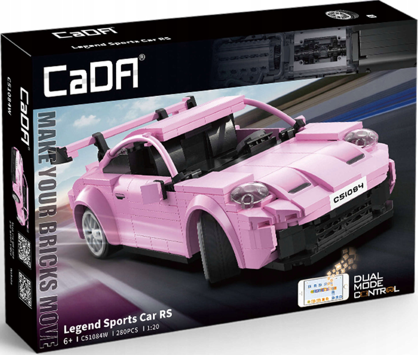 CADA Konstruktoriaus rinkinys: Sportinio automobilio modelis "Legend Sport", Rožinis, RC, Dvigubo režimo, 280 elementų