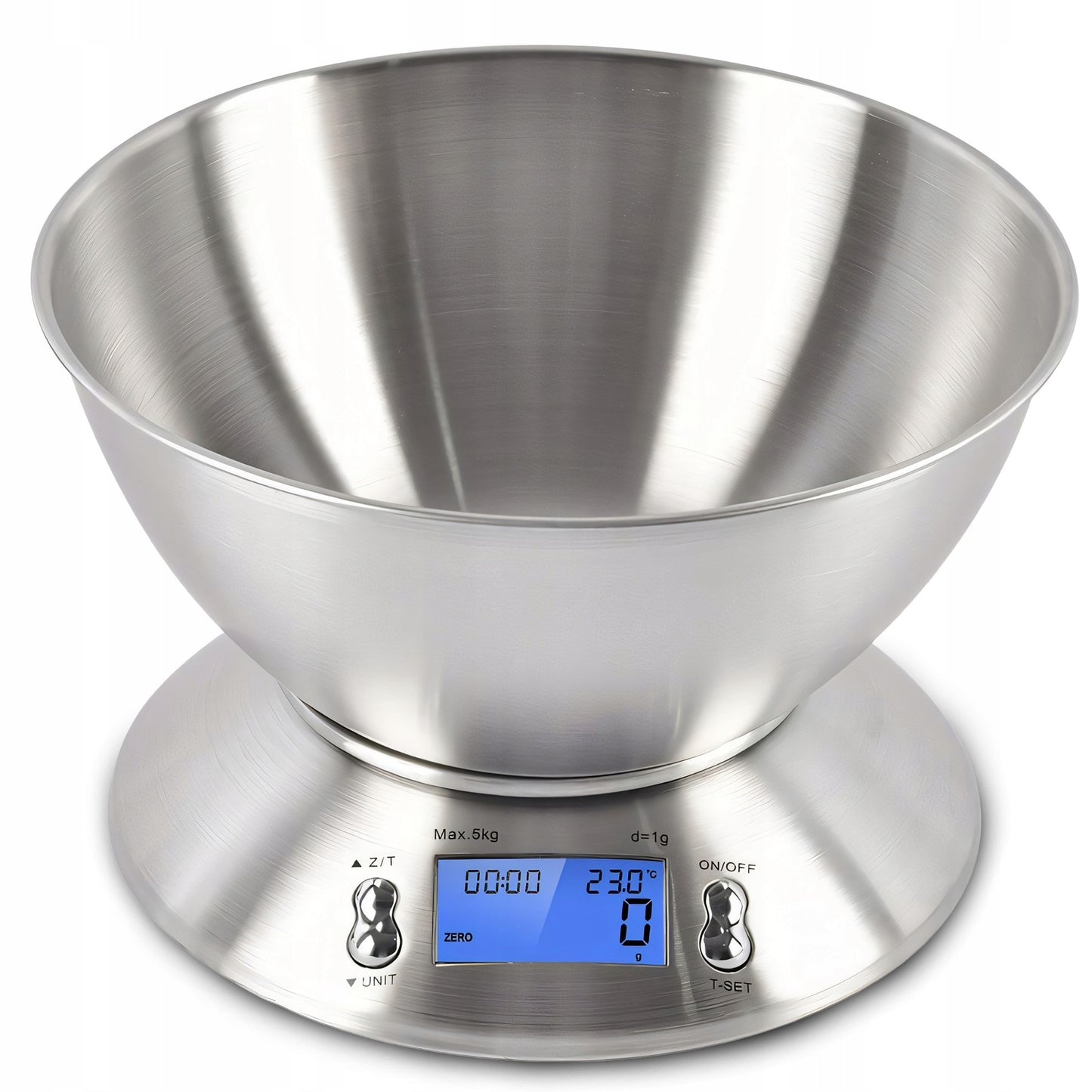Tikslios elektroninės virtuvinės svarstyklės su dubeniu, 1g-5kg, nerūdijančio plieno (INOX), laikmatis, termometras