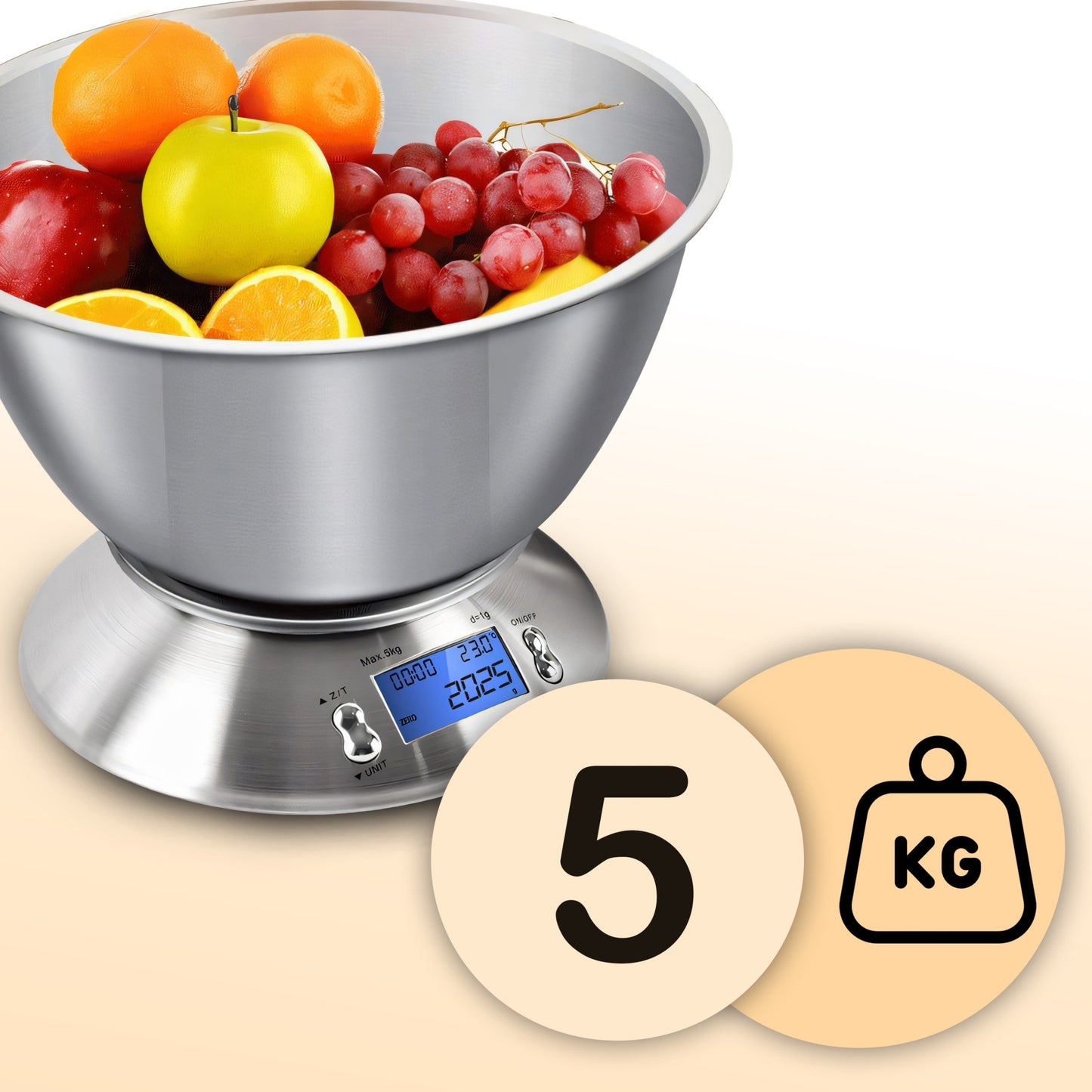 Tikslios elektroninės virtuvinės svarstyklės su dubeniu, 1g-5kg, nerūdijančio plieno (INOX), laikmatis, termometras