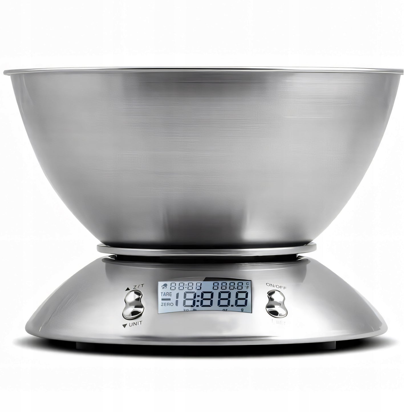 Tikslios elektroninės virtuvinės svarstyklės su dubeniu, 1g-5kg, nerūdijančio plieno (INOX), laikmatis, termometras