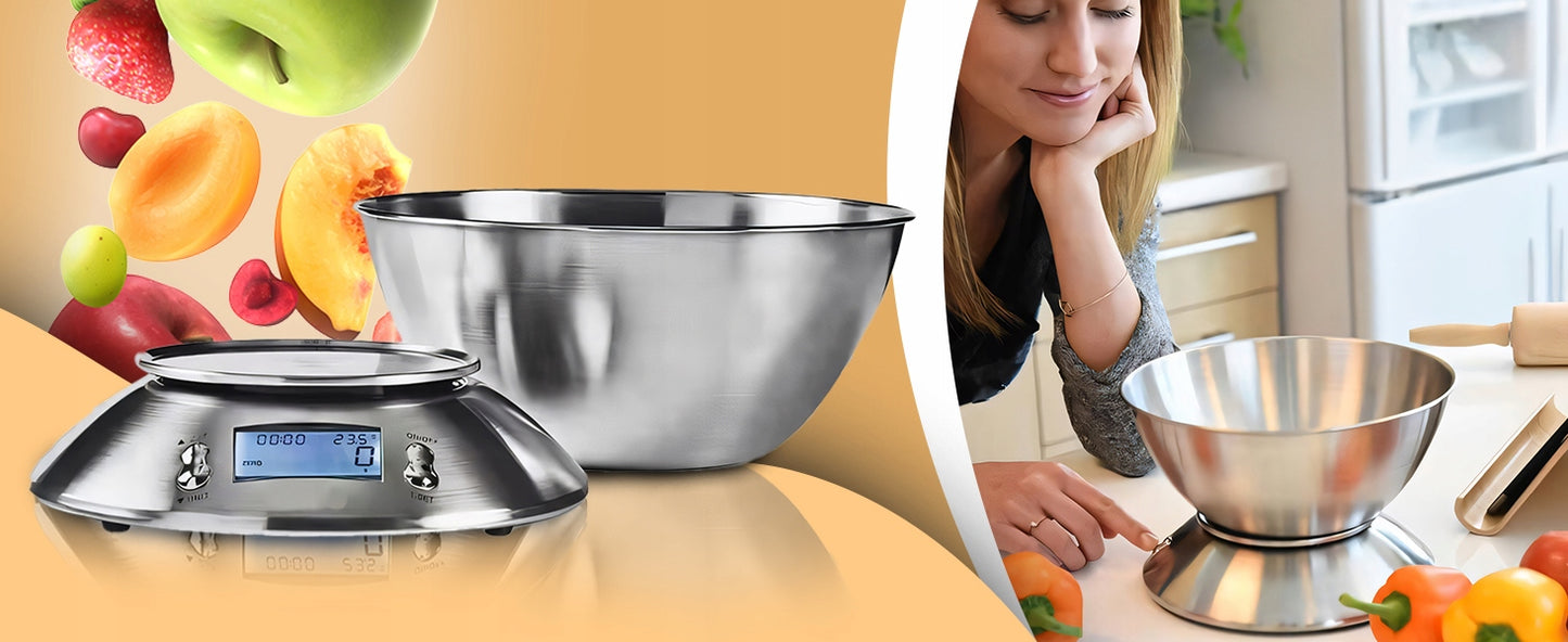 Tikslios elektroninės virtuvinės svarstyklės su dubeniu, 1g-5kg, nerūdijančio plieno (INOX), laikmatis, termometras