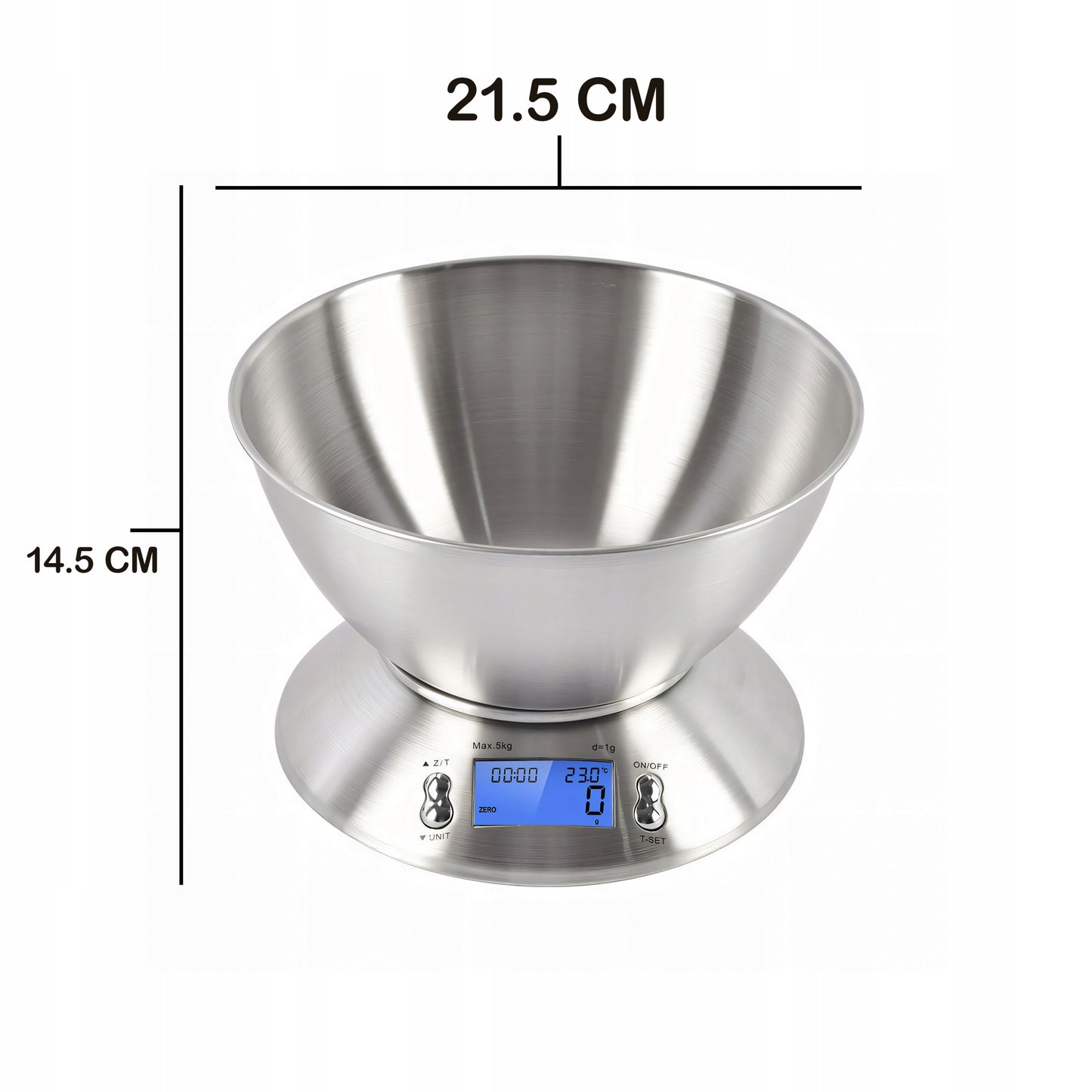 Tikslios elektroninės virtuvinės svarstyklės su dubeniu, 1g-5kg, nerūdijančio plieno (INOX), laikmatis, termometras