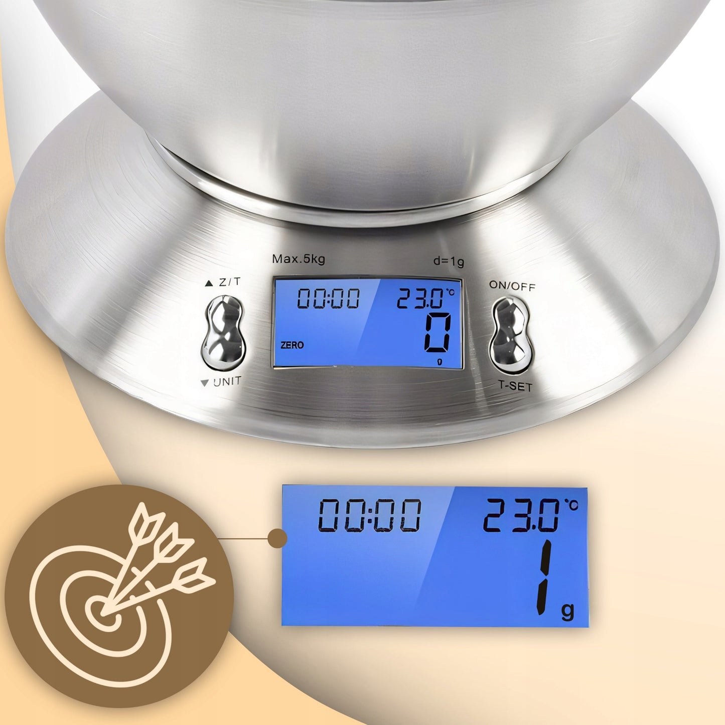 Tikslios elektroninės virtuvinės svarstyklės su dubeniu, 1g-5kg, nerūdijančio plieno (INOX), laikmatis, termometras