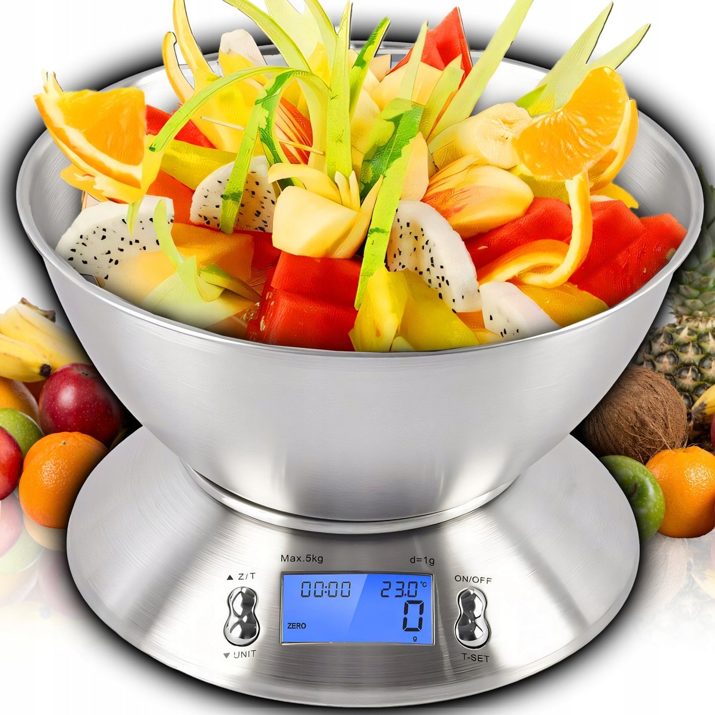Tikslios elektroninės virtuvinės svarstyklės su dubeniu, 1g-5kg, nerūdijančio plieno (INOX), laikmatis, termometras