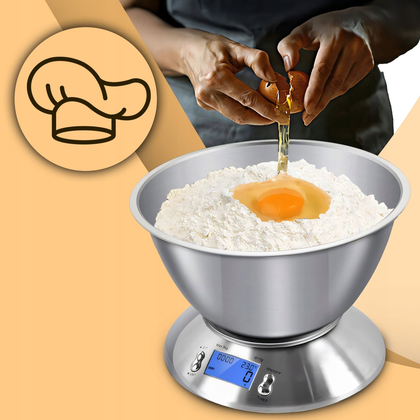 Tikslios elektroninės virtuvinės svarstyklės su dubeniu, 1g-5kg, nerūdijančio plieno (INOX), laikmatis, termometras