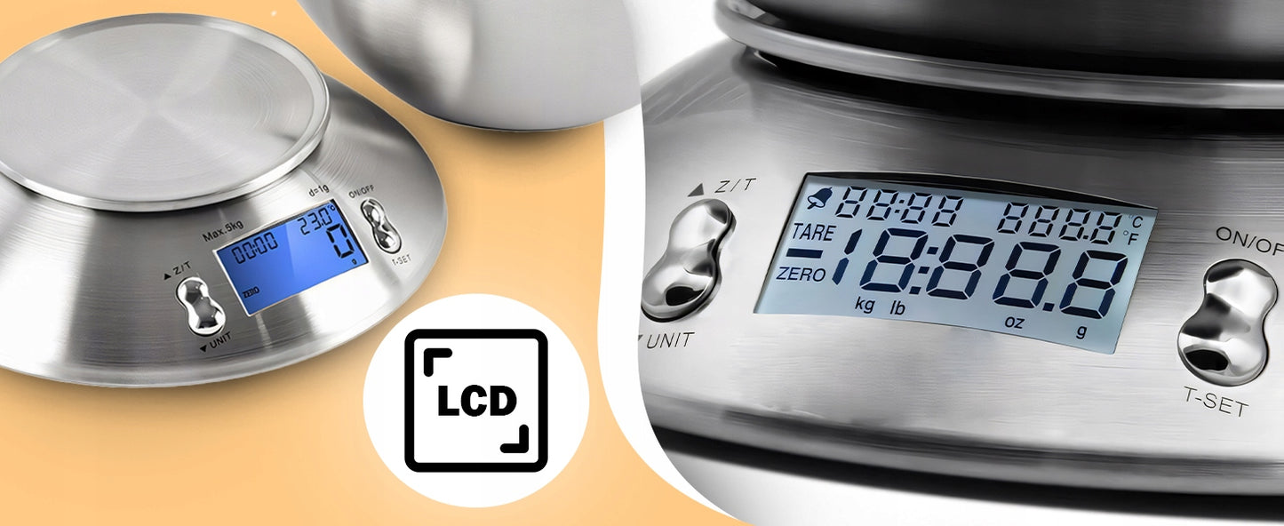 Tikslios elektroninės virtuvinės svarstyklės su dubeniu, 1g-5kg, nerūdijančio plieno (INOX), laikmatis, termometras