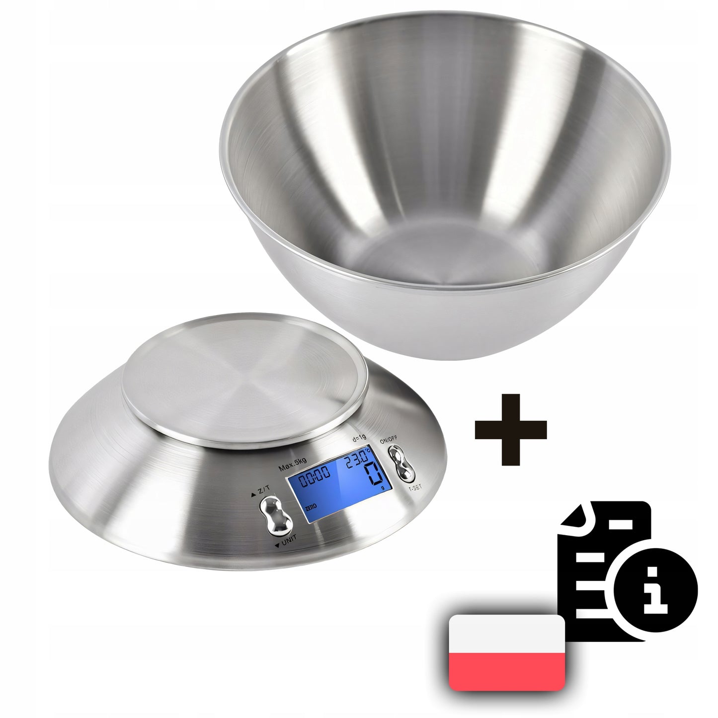 Tikslios elektroninės virtuvinės svarstyklės su dubeniu, 1g-5kg, nerūdijančio plieno (INOX), laikmatis, termometras