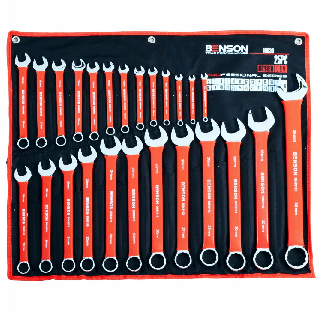 Didelis plokščių raktų komplektas su guminėmis rankenomis 6-36mm, 25 vnt., kilimėlis BENSON BY BLACK