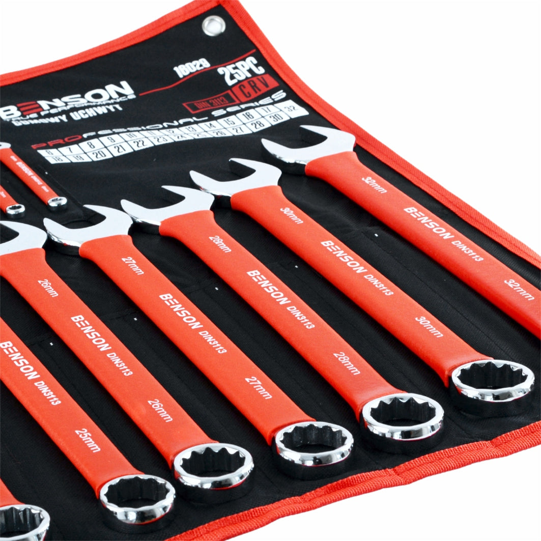 Didelis plokščių raktų komplektas su guminiu kilimėliu, 6-32 mm, 25 vnt. BENSON BY BLACK