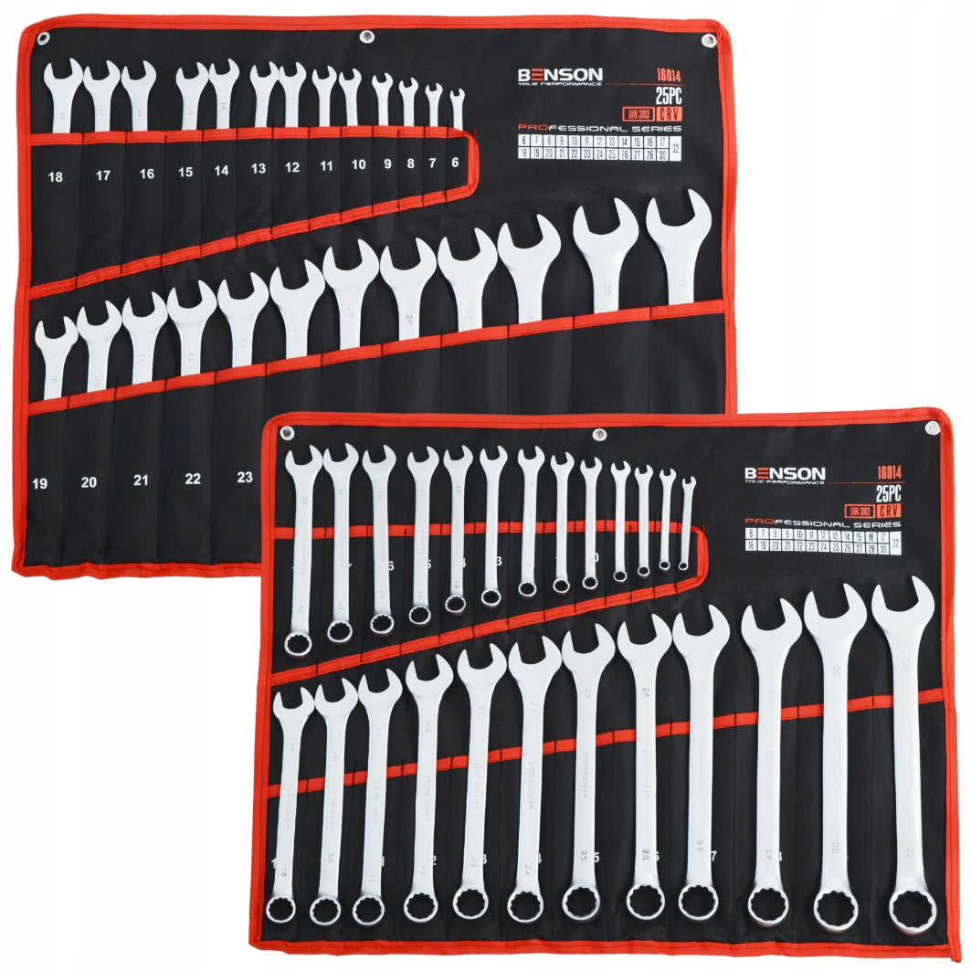 Didelis raktų komplektas plokščiu ir žiediniu 6-32mm 25 vnt. su kilimėliu BENSON BLACK