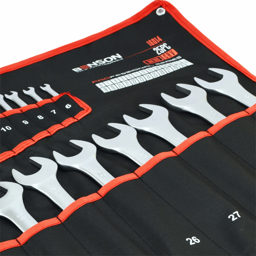 Didelis raktų komplektas plokščiu ir žiediniu 6-32mm 25 vnt. su kilimėliu BENSON BLACK