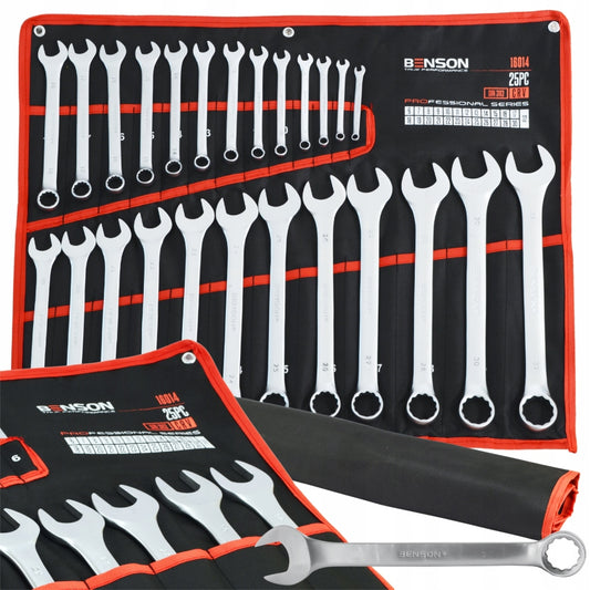 Didelis raktų komplektas plokščiu ir žiediniu 6-32mm 25 vnt. su kilimėliu BENSON BLACK