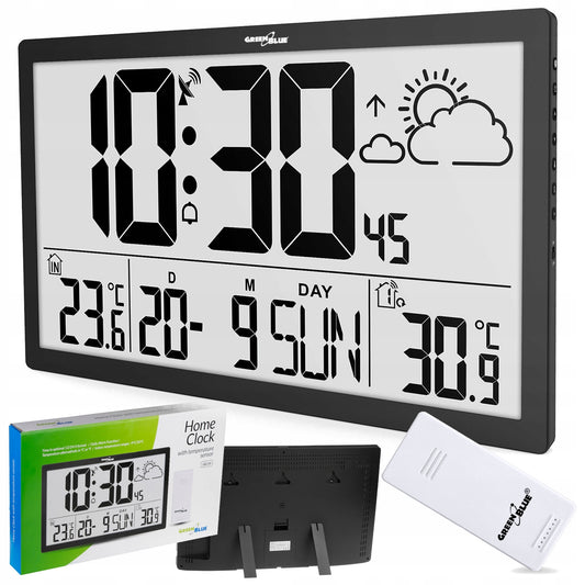 Didelis LCD sieninis laikrodis, orų stotis, termometras, DCF + išorinis daviklis