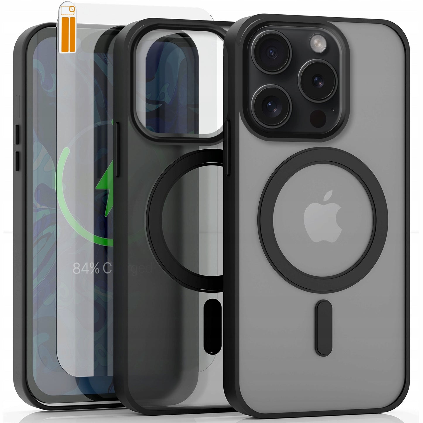 Dėklas „MagSafe“ Apple iPhone 15 Pro (Matinis Juodas, Sustiprintas) + Stiklas