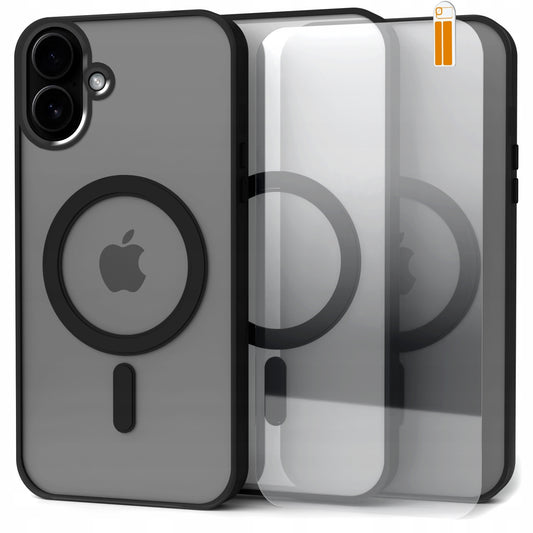 Dėklas iPhone 16 (Magsafe, Magnetinis, Matinis, Juodas, Patvarus) + Stiklas