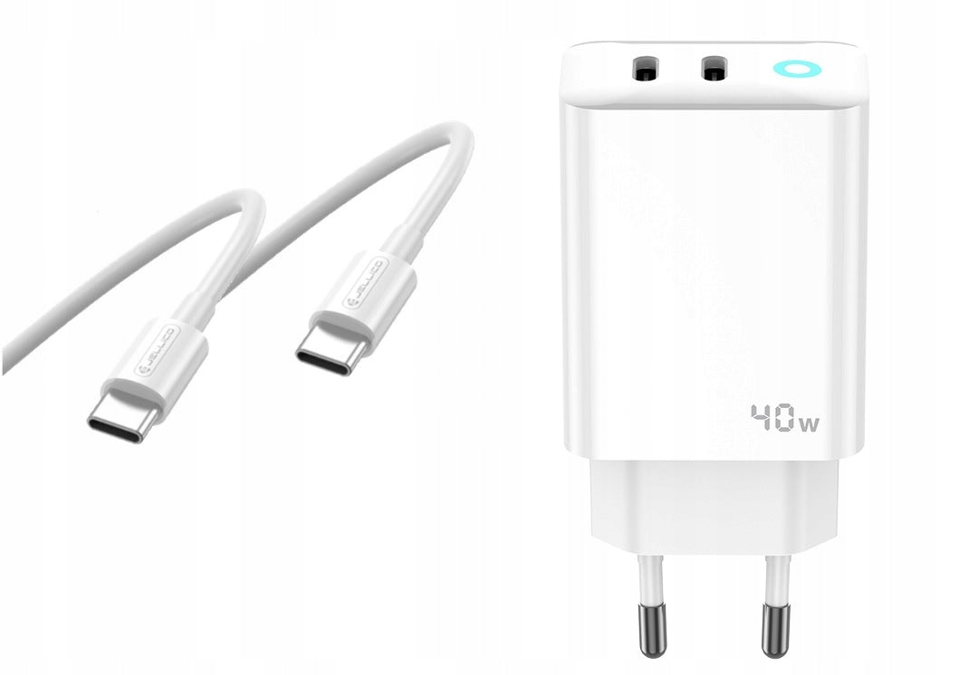 JELLICO maitinimo adapteris EU19 GaN PD 40W 2xUSB-C Baltas + Kabelis 2x USB-C