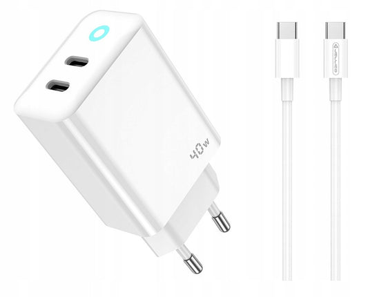 JELLICO maitinimo adapteris EU19 GaN PD 40W 2xUSB-C Baltas + Kabelis 2x USB-C