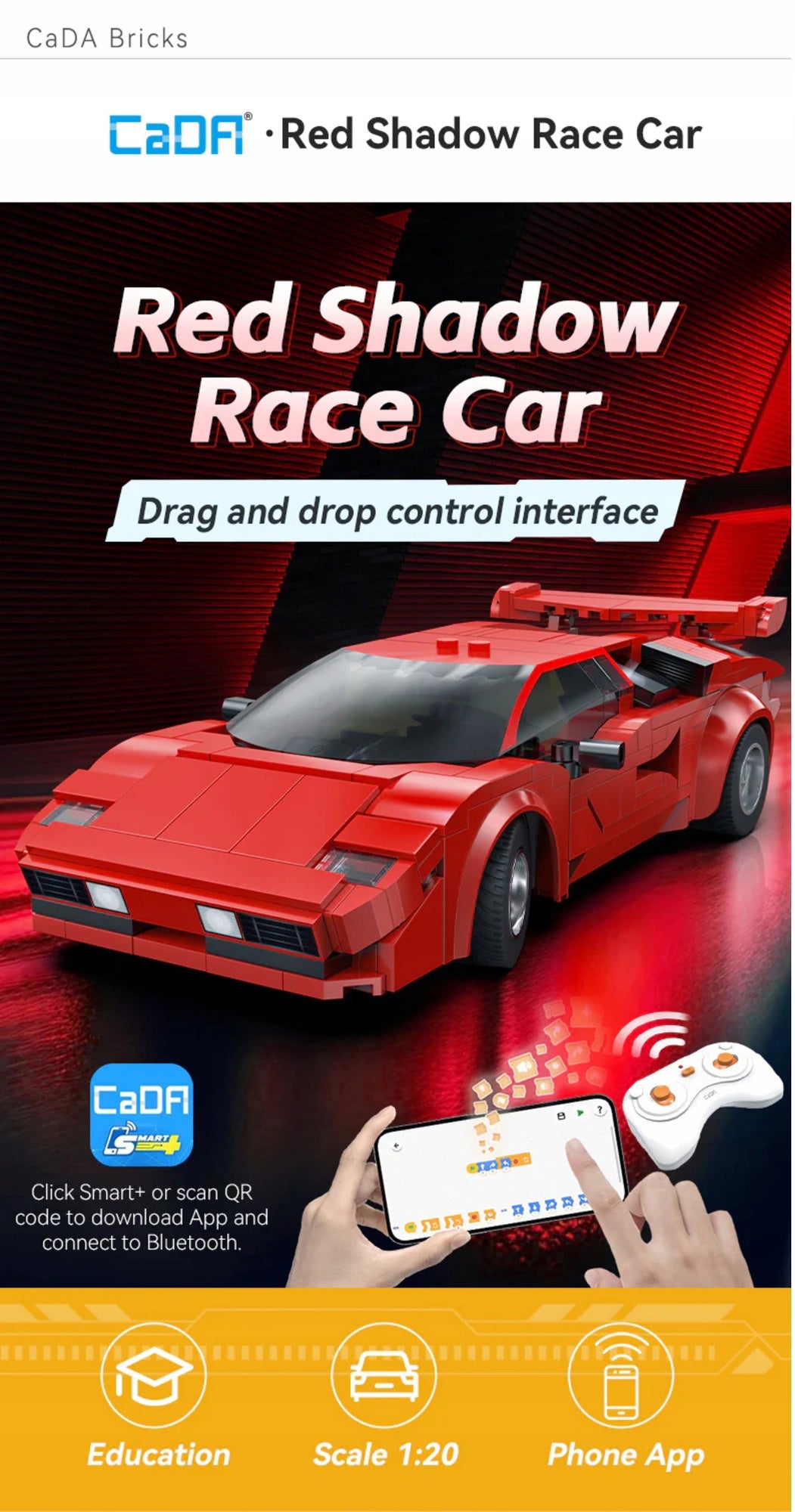 Konstrukciniai blokeliai CADA Sportinis automobilis RC valdomas 1:20 RED SHADOW 328 dal. DUAL MODE