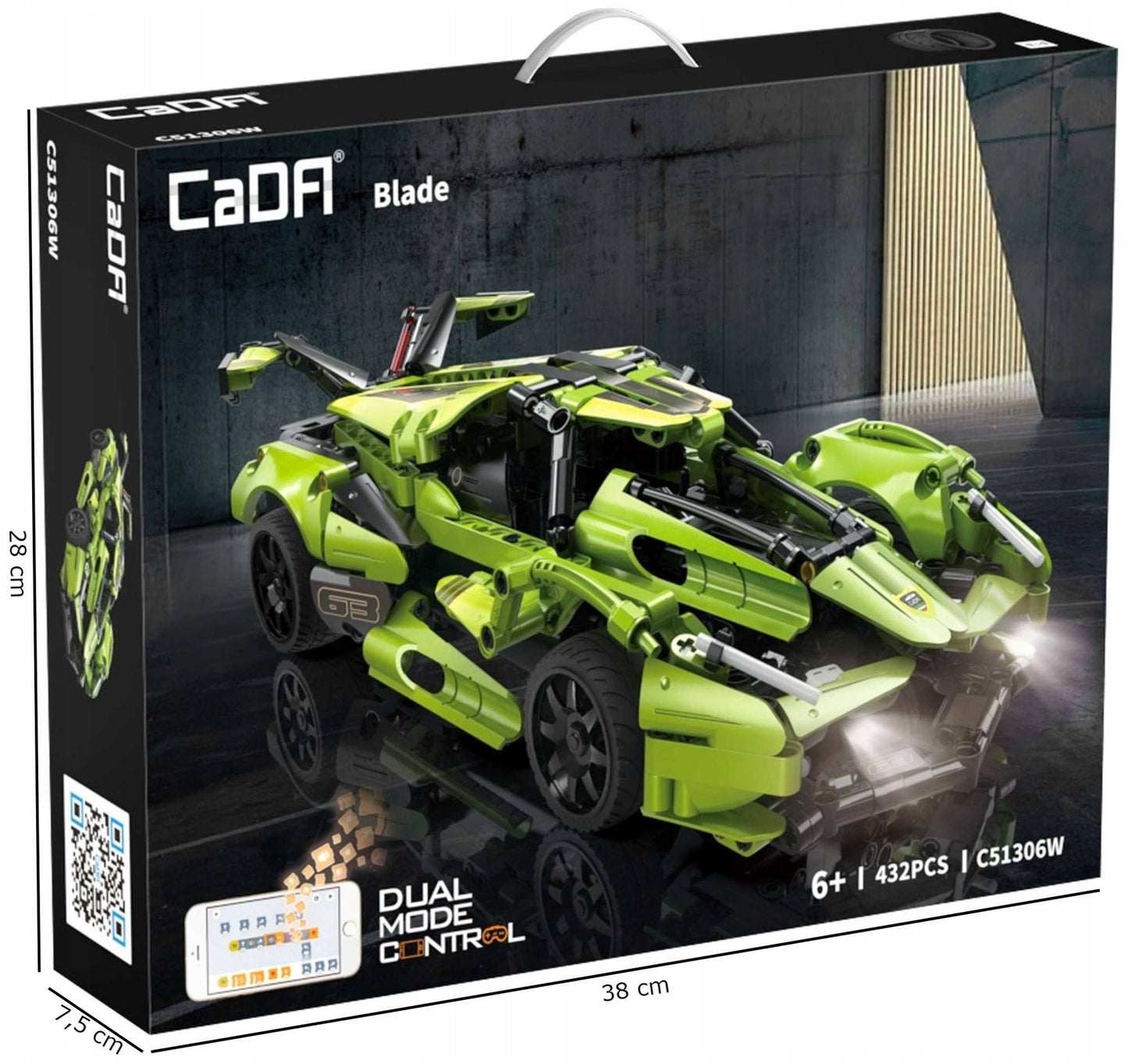 CADA statybiniai blokeliai, automobilis su nuotoliniu valdymu, BALDE, 432 elementai, RC dviejų režimų + LED