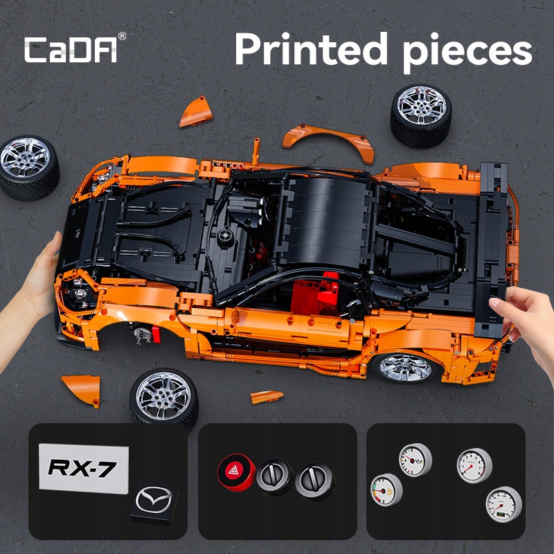 Statybiniai blokeliai CaDA MAZDA RX-7 VEILSIDE komplektas, nuotoliniu būdu valdomas 3305 dalys. RC + LED