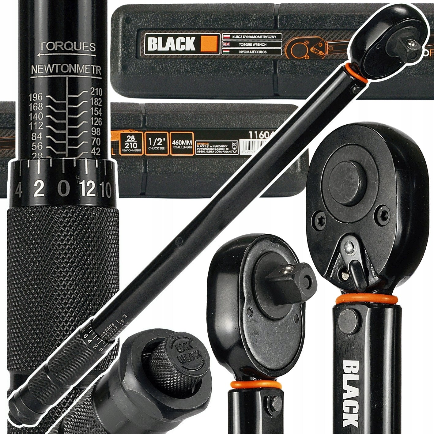 Sukimo momento raktas 1/2" 28-210 Nm CrMo & CrV ratams 460 mm BLACK