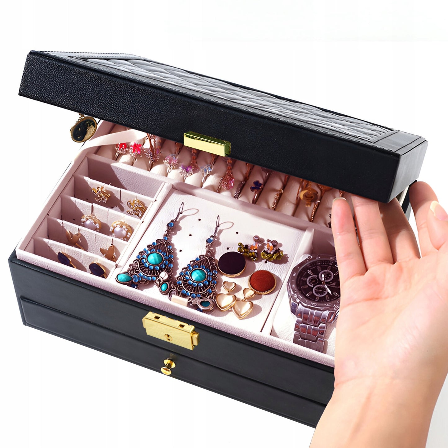 Dėžutė, skrynelė, lagaminėlis – papuošalų ir laikrodžių organizatorius XXL, su rakteliu