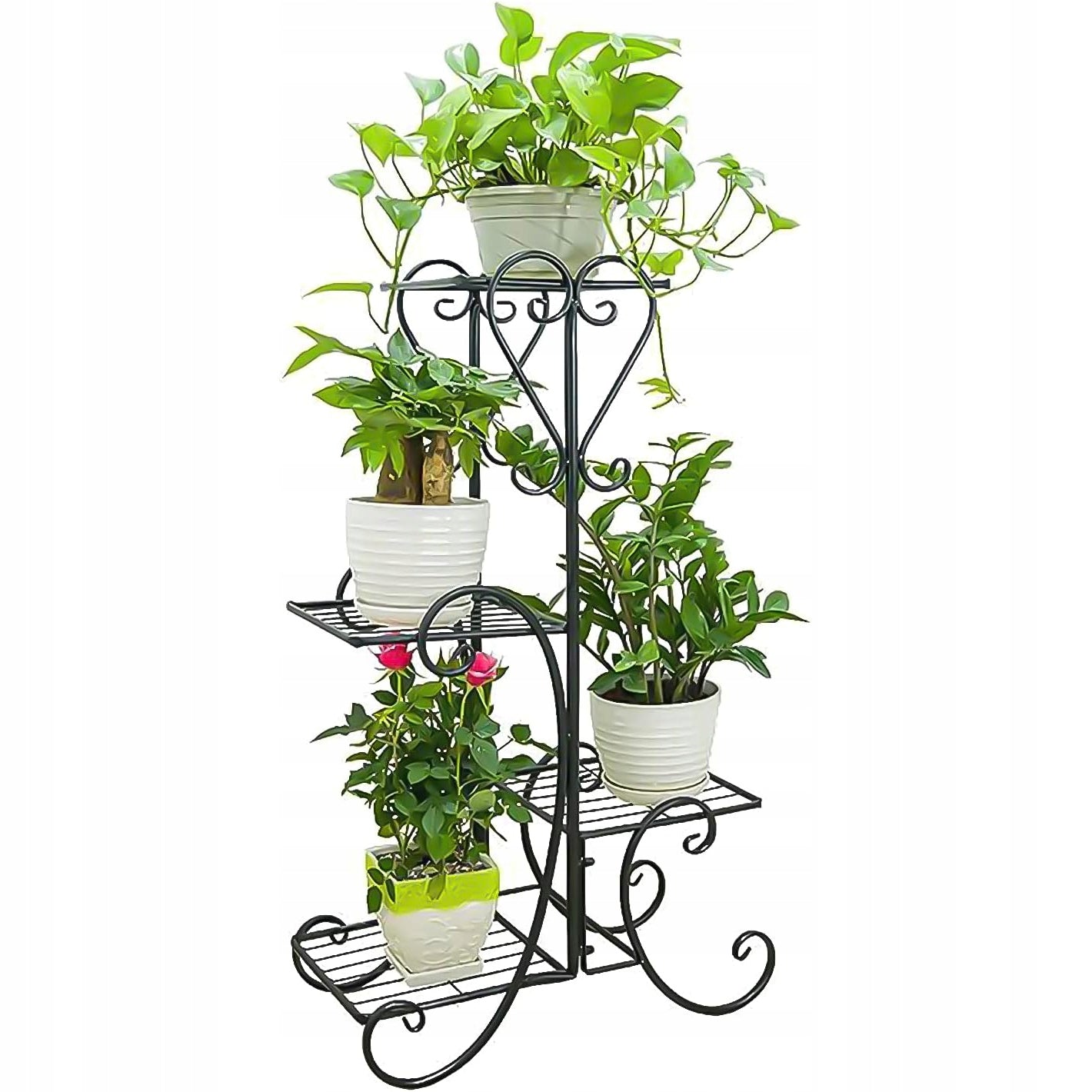 Juodas metalinis gėlių stovas su 4 lentynomis, vazonams ir augalams, lofto stiliaus