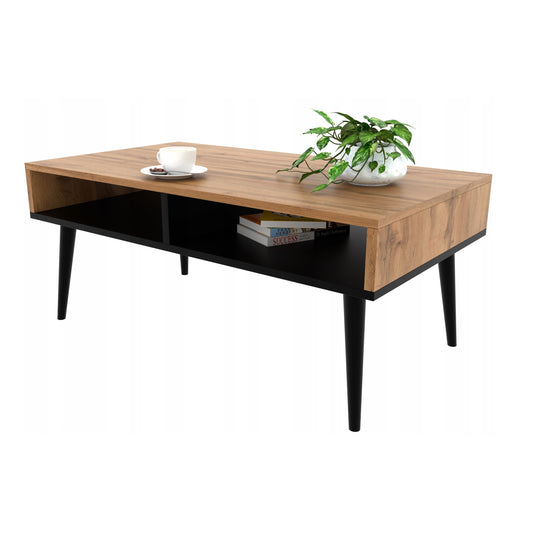 Kavos staliukas 90cm x 50cm x 45cm. - Ąžuolo spalvos su juodomis kojomis.