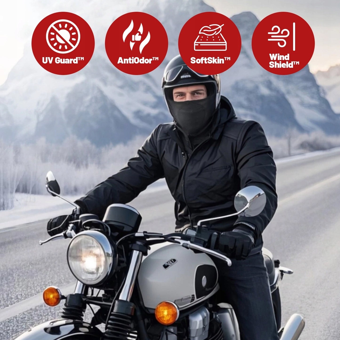 Motociklinė kominuvinė kaukė, kvėpuojanti, vėjui nepraleidžianti, drėgmę išvedanti