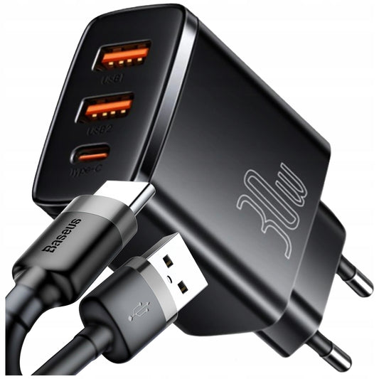 Įkroviklis BASEUS telefonui, 2x USB, USB-C, 30W, 3A PD QC + laidas USB-USB-C, 2m