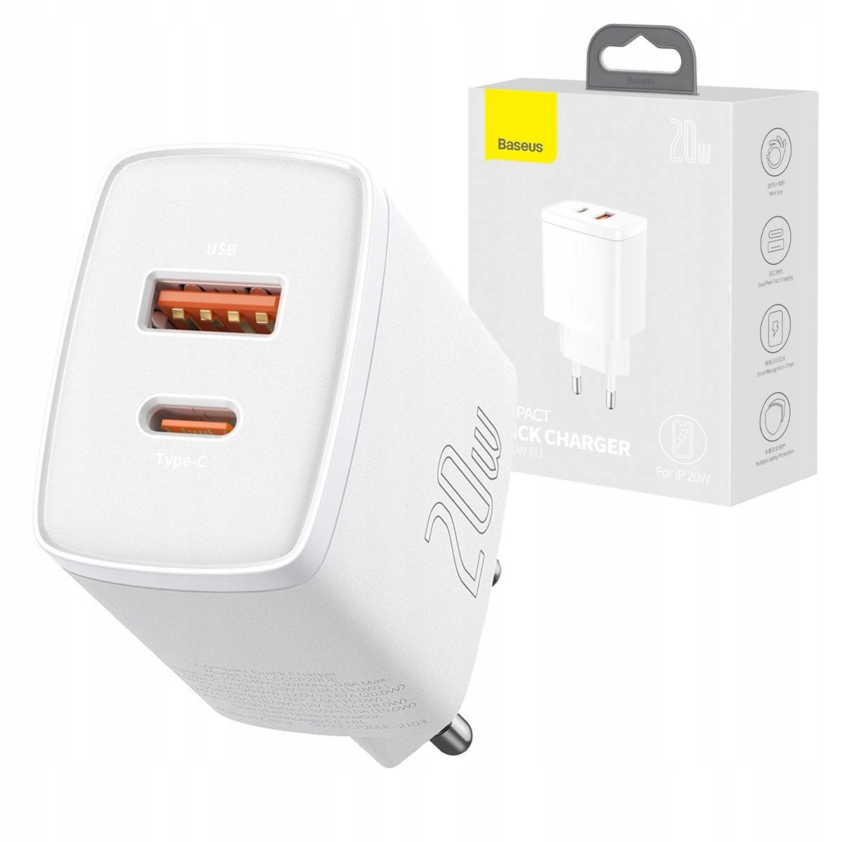 Įkroviklis BASEUS USB USB-C 20W Telefonui, 2 prievadai, Universalus, Greitas QC 3A