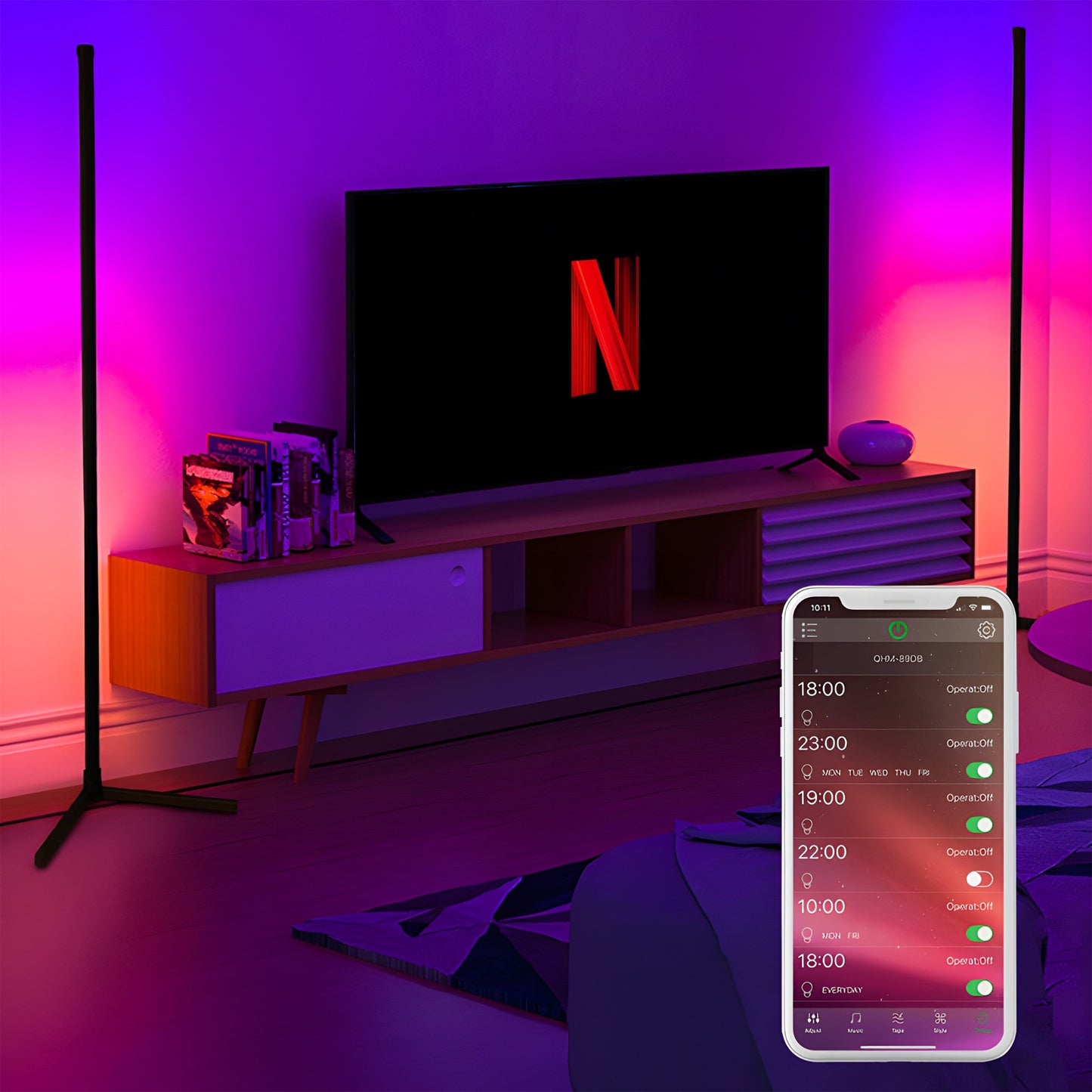 Kampinė Pastatoma Grindų RGB LED Lempa su Nuotolinio Valdymo Pulteliu, Programėle ir Muzikos Sensoriumi, 150 cm