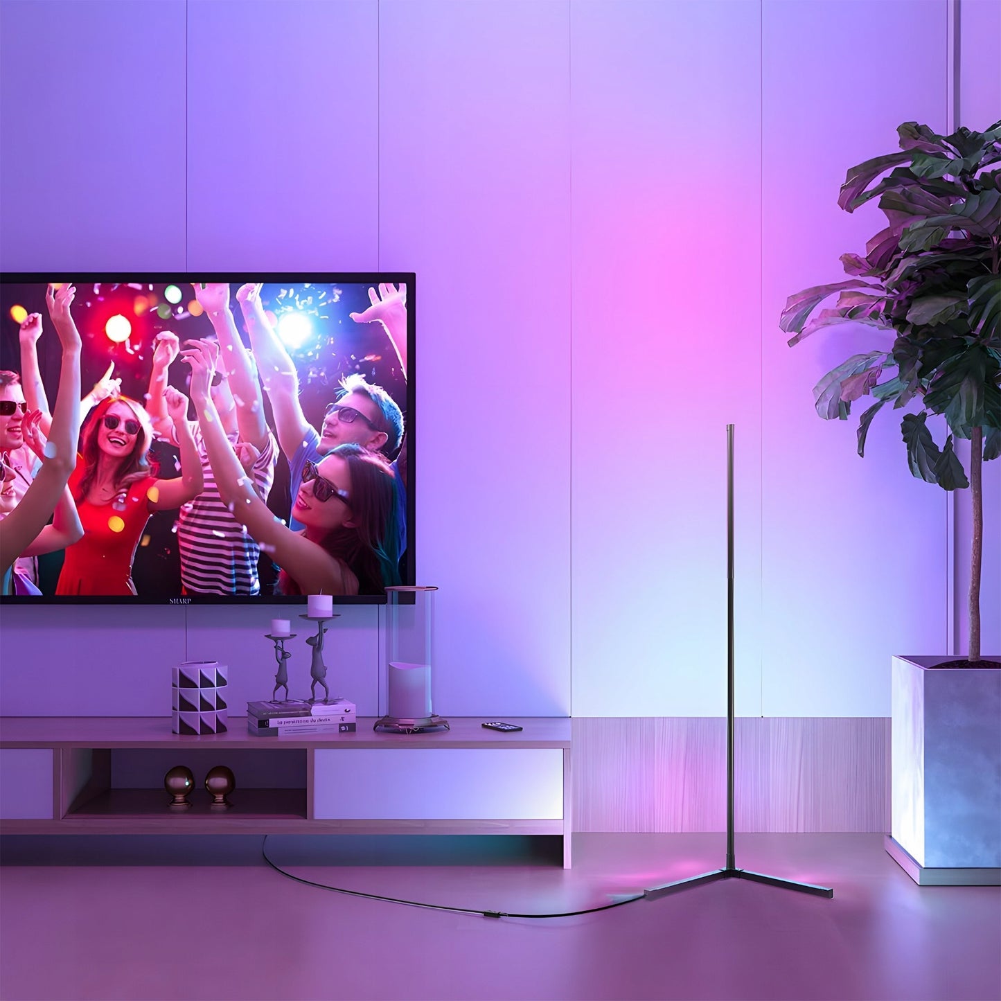 Kampinė Pastatoma Grindų RGB LED Lempa su Nuotolinio Valdymo Pulteliu, Programėle ir Muzikos Sensoriumi, 150 cm