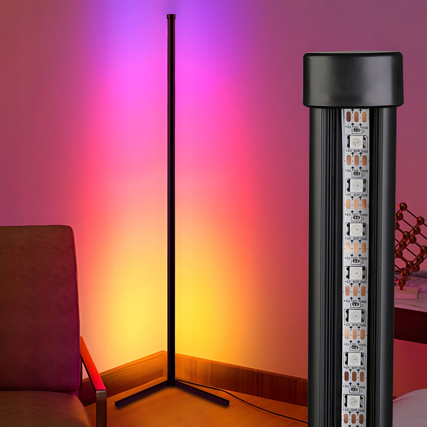 Kampinė Pastatoma Grindų RGB LED Lempa su Nuotolinio Valdymo Pulteliu, Programėle ir Muzikos Sensoriumi, 150 cm