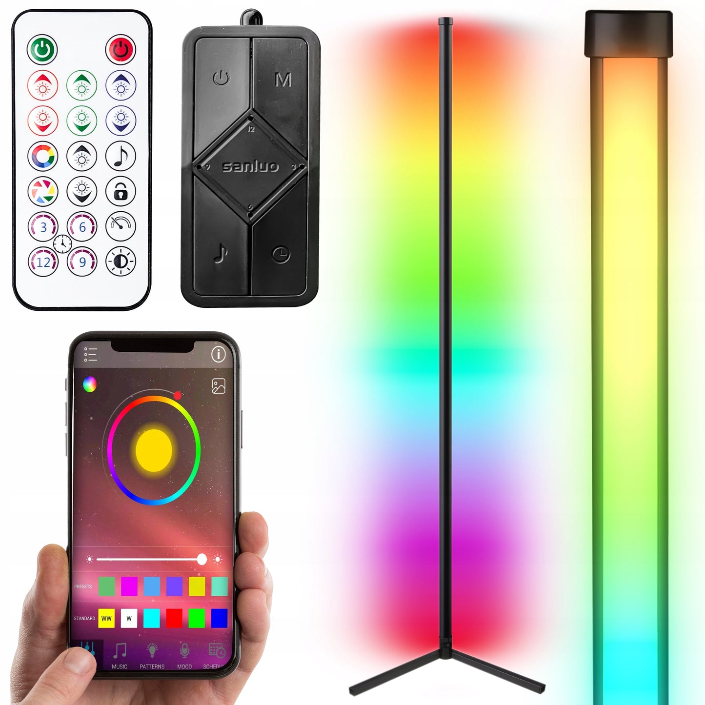 Kampinė Pastatoma Grindų RGB LED Lempa su Nuotolinio Valdymo Pulteliu, Programėle ir Muzikos Sensoriumi, 150 cm