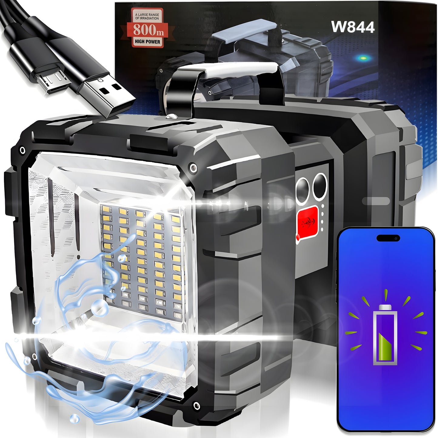 Taktinis LED prožektorius, galingas, įkraunamas per USB, 1000lm, 40W