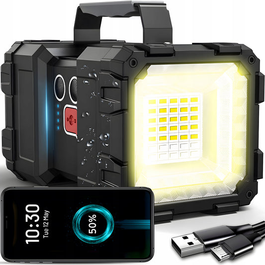 Taktinis LED prožektorius, galingas, įkraunamas per USB, 1000lm, 40W