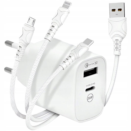 Greitas 3-viename tinklo įkroviklis USB / USB-C + Laidas USB-C Micro USB Lightning