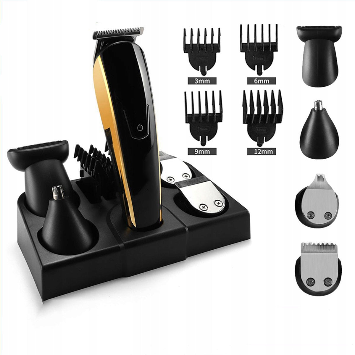 Kirpimo mašinėlė, trimeris, skustuvas - rinkinys barzdai, plaukams, nosiai, antakiams kirpti, su antgaliais