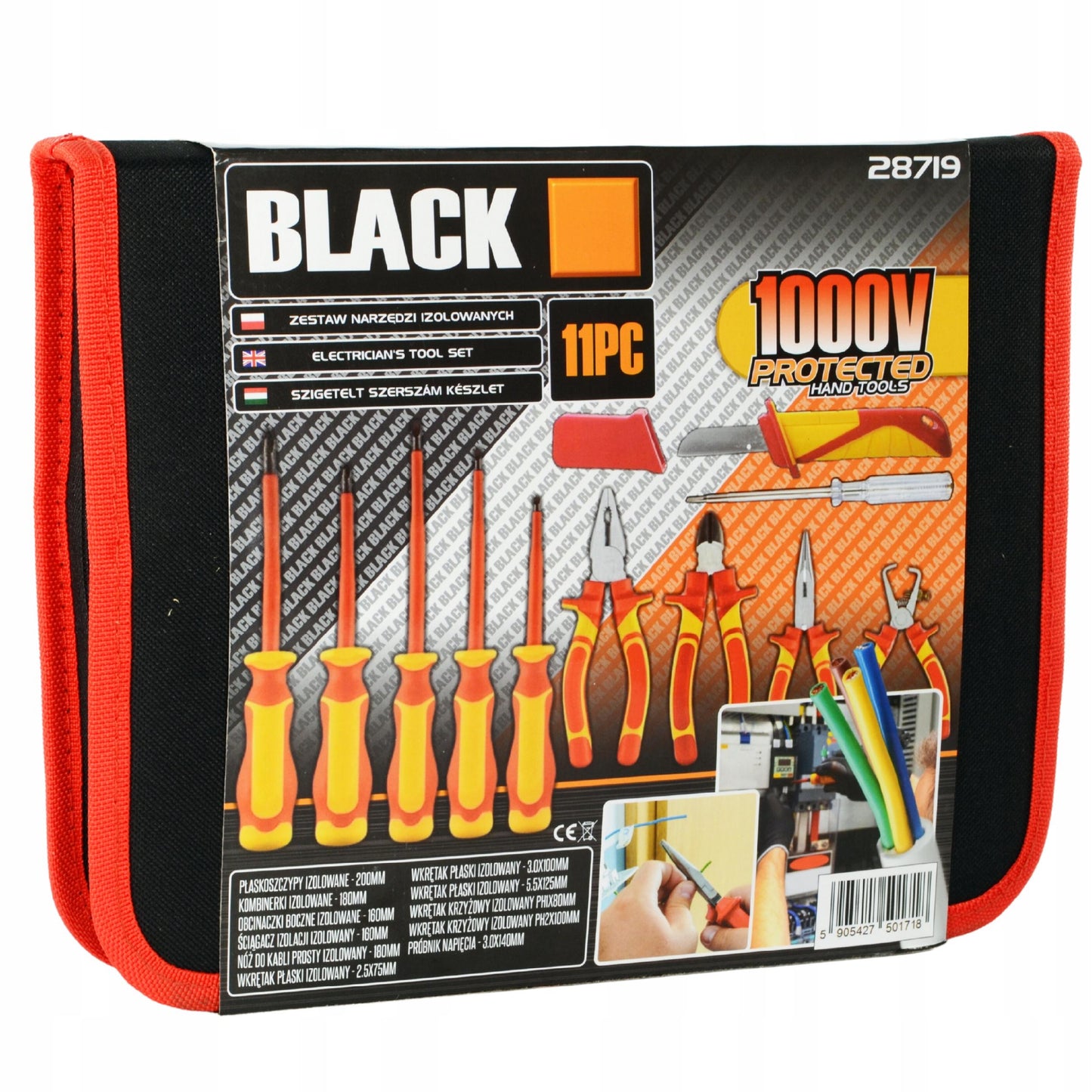 Didelis įrankių ir atsuktuvų rinkinys elektrikui, 1000V izoliuoti, 11 vnt. BLACK